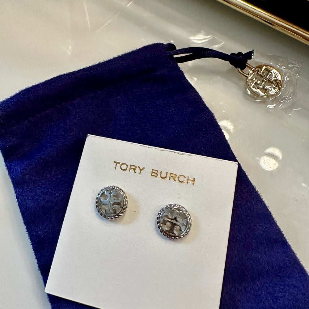 Tory Burch Silver and Gold Logo Earrings